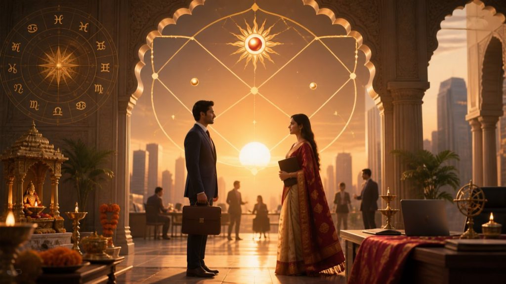 7th lord Sun in 10th house partner through work Vedic astrology