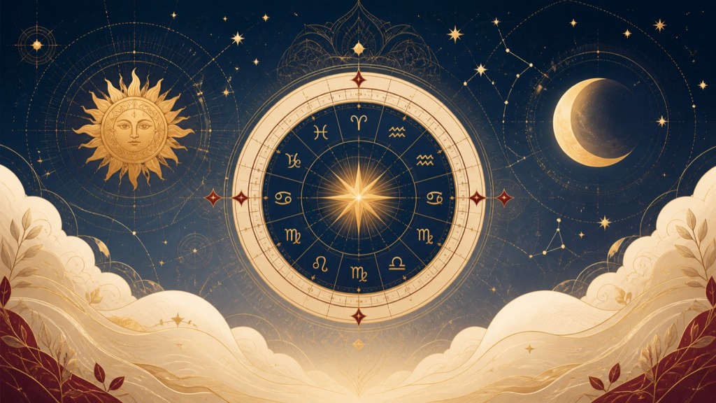 Astrology without fear Vedic astrology guidance with kundli chart, moon, sun, navy blue, gold and red Ishan Corner style