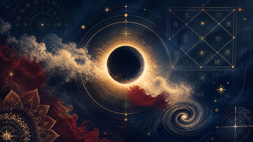 Rahu in Vedic astrology kundli karma with eclipse and constellation lines in navy blue, red and gold Ishan Corner style